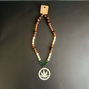 Handmade With Love Wood Beads Stretch Necklace Hemp Leaf Weed Pendant NWT